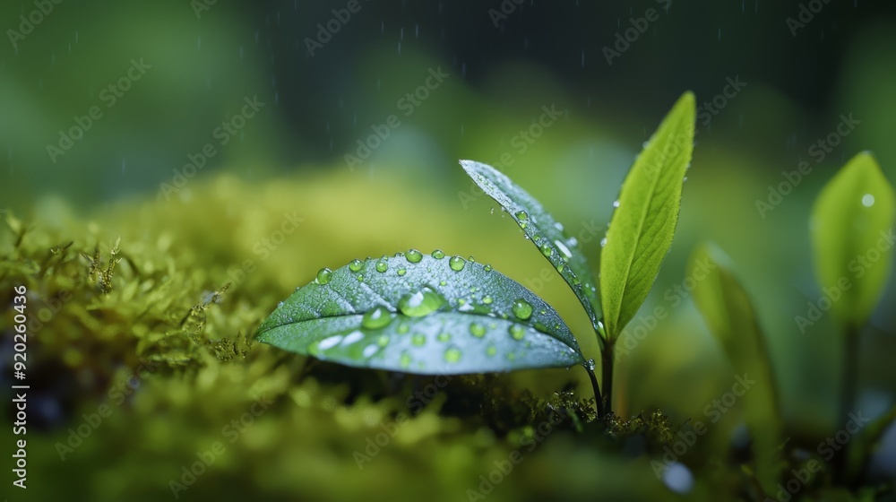 leaves dotted with water droplets, mossy ground behind leaves dotted with water droplets, mossy ground behind