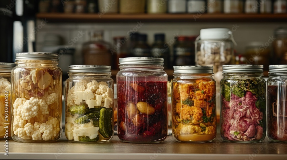 A beautifully arranged display of assorted fermented foods in glass jars, highlighting their natural fermentation process. A beautifully arranged display of assorted fermented foods in glass jars, highlighting their natural fermentation process.
