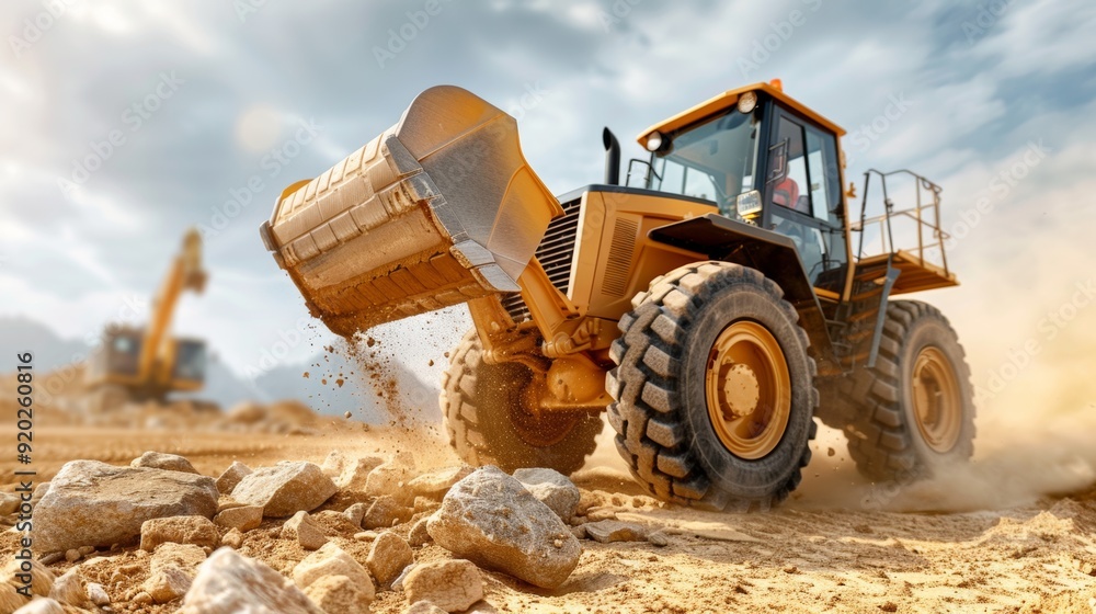 Powerful Backhoe Lifting Heavy Rocks at a Construction Site with Cloudy Sky Background Powerful Backhoe Lifting Heavy Rocks at a Construction Site with Cloudy Sky Background