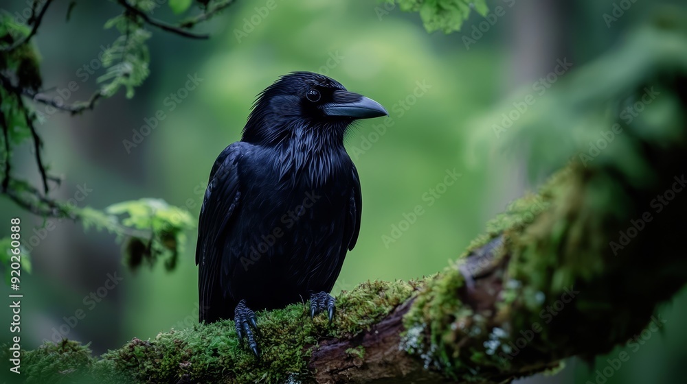 A black bird atop a moss-laden tree branch in a forest, surrounded by countless trees A black bird atop a moss-laden tree branch in a forest, surrounded by countless trees