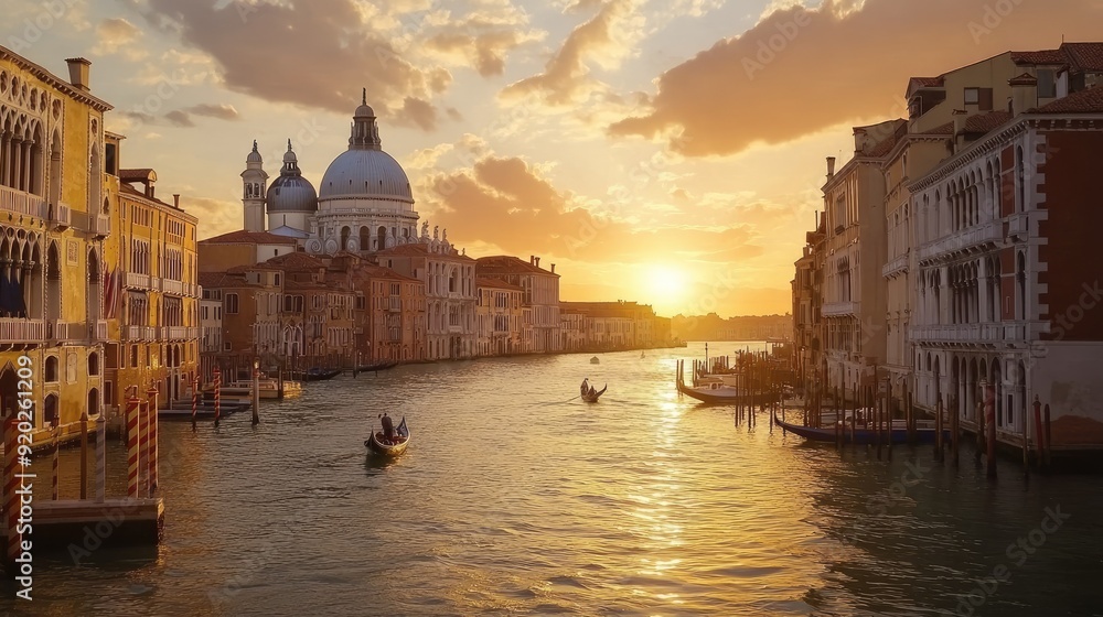 Naklejka premium A breathtaking view of Canal Grande with Basilica di Santa Maria della Salute at sunset, reflecting golden hues on the water.