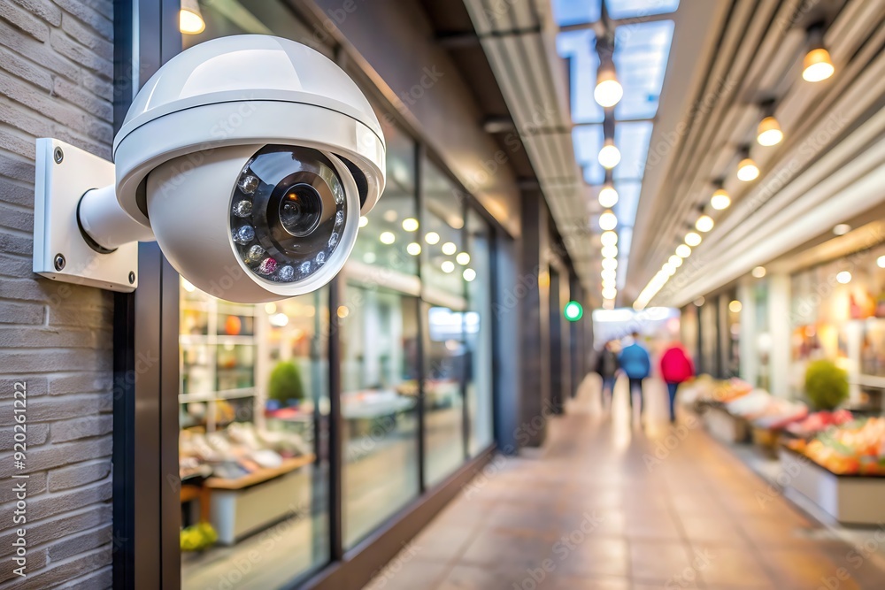 Security Camera Mounted On Wall Of A Shopping Center. Security Camera Mounted On Wall Of A Shopping Center.
