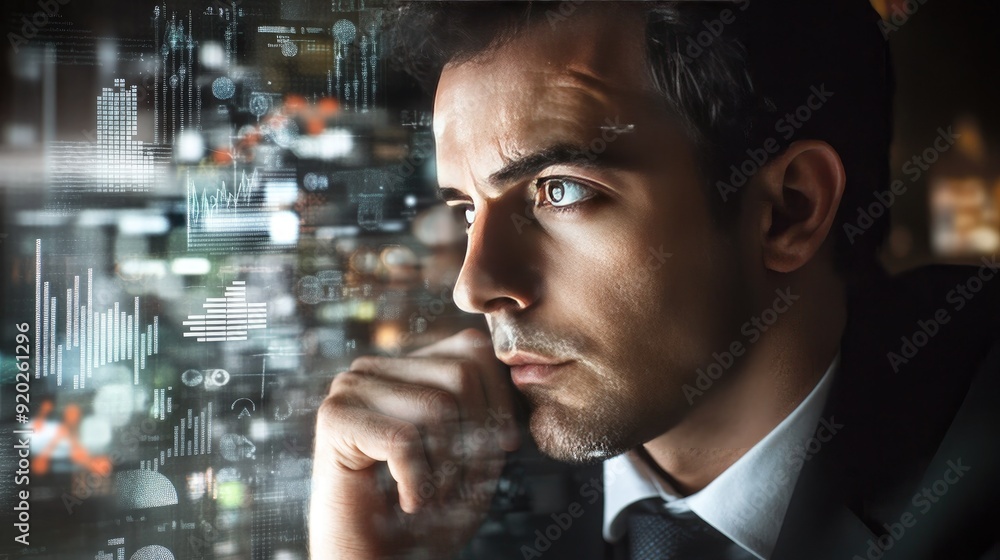 A businessman deep in thought, with transparent graphs and charts overlaying his image, symbolizing analysis and decision-making. A businessman deep in thought, with transparent graphs and charts overlaying his image, symbolizing analysis and decision-making.