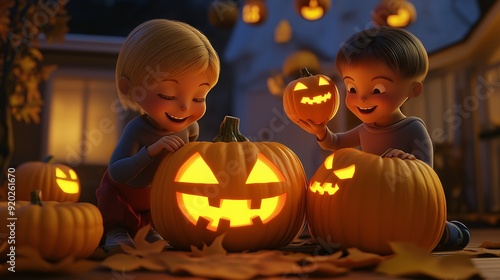 Pumpkin Carving Delight: Two young children, with infectious smiles, proudly display their illuminated jack-o'-lanterns on a festive Halloween night. 