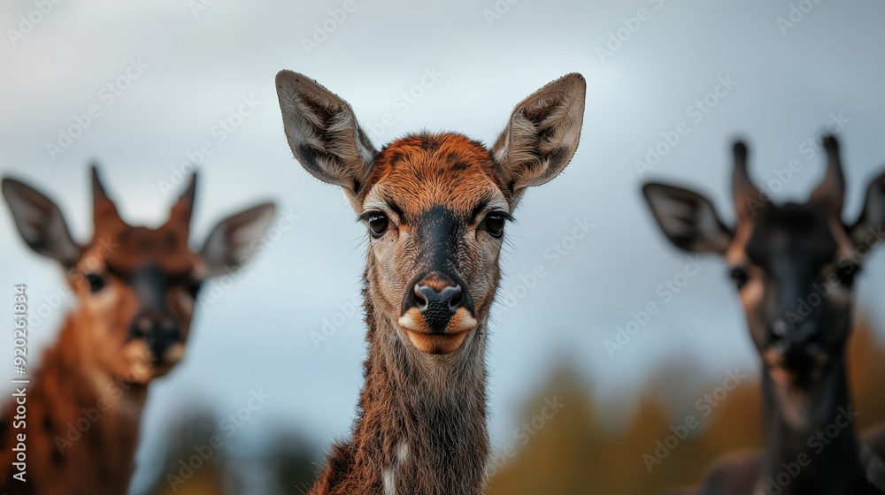A herd of deer lined up on a grassy knoll, gazing out at a cloud-studded sky A herd of deer lined up on a grassy knoll, gazing out at a cloud-studded sky
