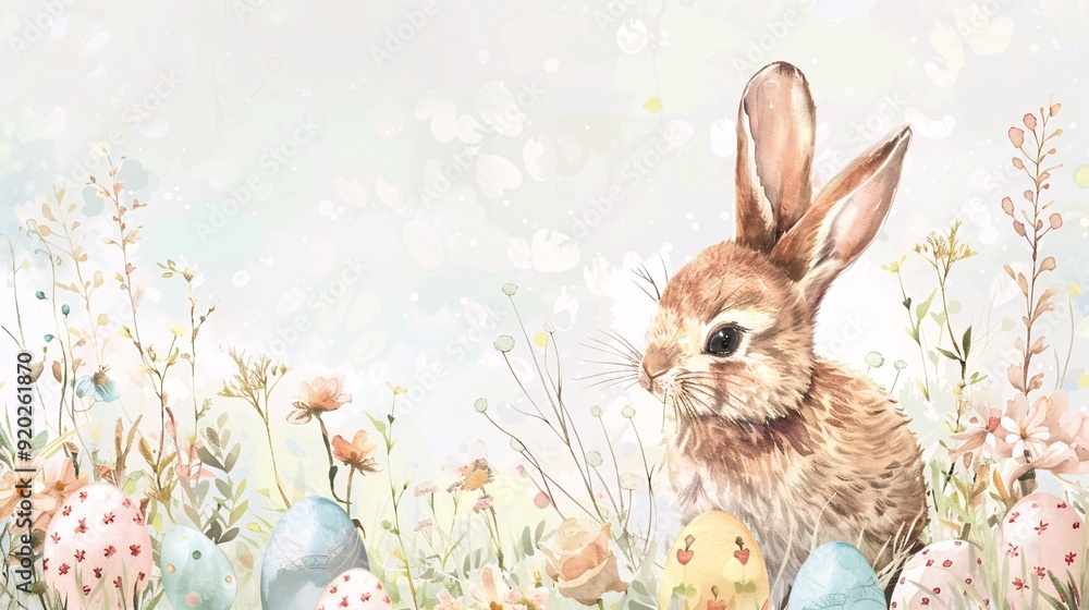 3. Charming Easter-themed watercolor illustration with a backdrop of delicate flowers, painted eggs, and a happy bunny, great for greeting cards and backgrounds 3. Charming Easter-themed watercolor illustration with a backdrop of delicate flowers, painted eggs, and a happy bunny, great for greeting cards and backgrounds