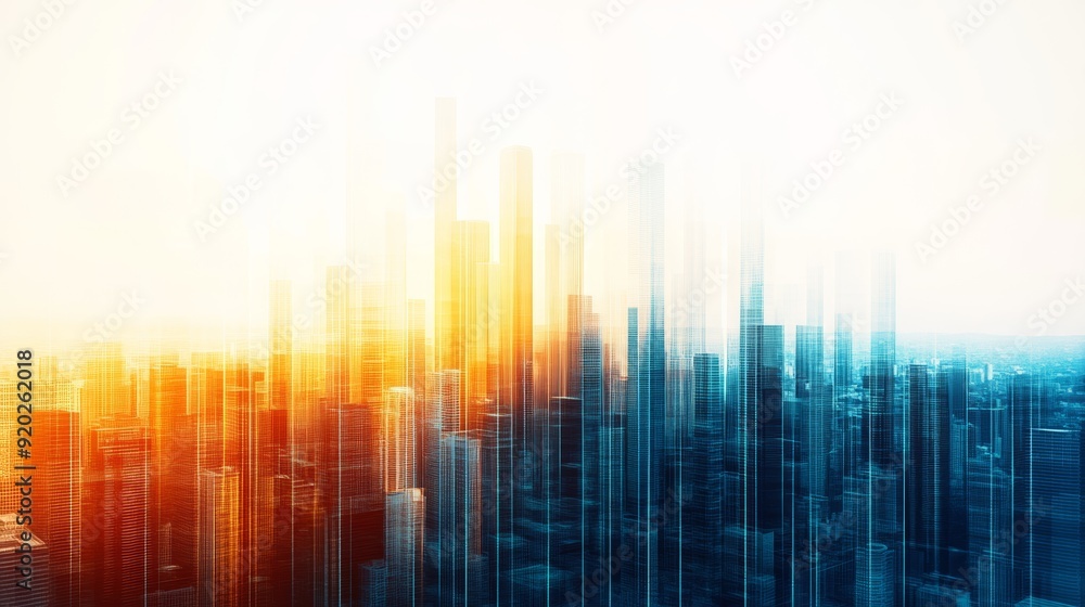 A vibrant city skyline with a blend of orange and blue hues, showcasing a modern, abstract urban landscape at sunrise. A vibrant city skyline with a blend of orange and blue hues, showcasing a modern, abstract urban landscape at sunrise.