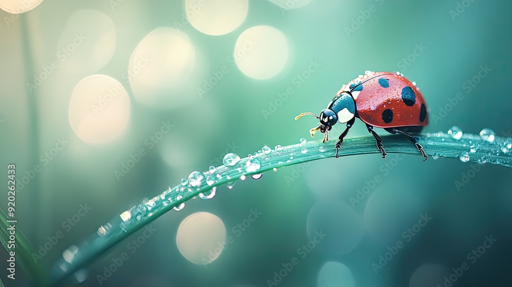 A close-up of a ladybug perched on a blade of grass, with dewdrops glistening in the background. A close-up of a ladybug perched on a blade of grass, with dewdrops glistening in the background.