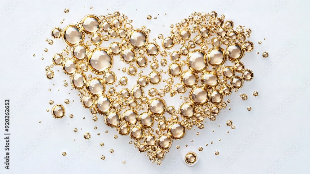 A golden heart bubble sculpture with water droplets adorning its left side on a white surface A golden heart bubble sculpture with water droplets adorning its left side on a white surface