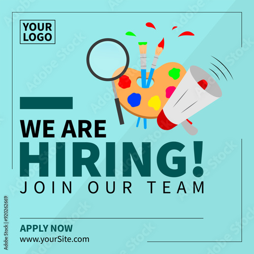 We are hiring post. Join our team announcement. Social media template job vacancy recruitment. Illustration of a loudspeaker, zoom tool, and color palette with paint brushes.