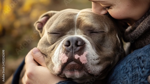 A close-up of an American Bully XL dog enjoying a head rub from its owner, with its eyes closed in contentment. photo