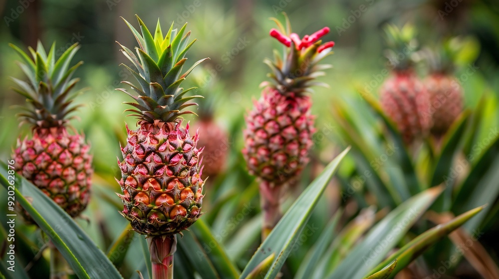 A ripe pineapple growing in a lush garden surrounded by fresh, green leaves A ripe pineapple growing in a lush garden surrounded by fresh, green leaves