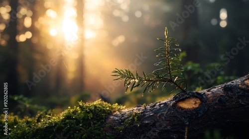  A tree trunk in focus with a small tree before it and a sunbeam behind