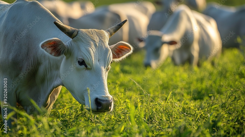 A close-up of Nelore cattle grazing, with the focus on their distinctive hump and sleek white coat. A close-up of Nelore cattle grazing, with the focus on their distinctive hump and sleek white coat.