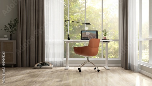 Canvastavla White adjustable working desk, brown chair by window to backyard with brown blac