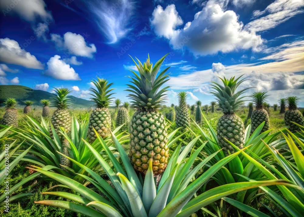 Vibrant green pineapple plants stretch towards the sky in a lush field under a bright blue sunny day with few wispy clouds. Vibrant green pineapple plants stretch towards the sky in a lush field under a bright blue sunny day with few wispy clouds.