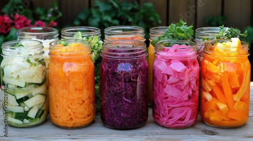 A colorful assortment of fermented vegetables and fruits, neatly arranged in glass jars, emphasizing their health benefits.