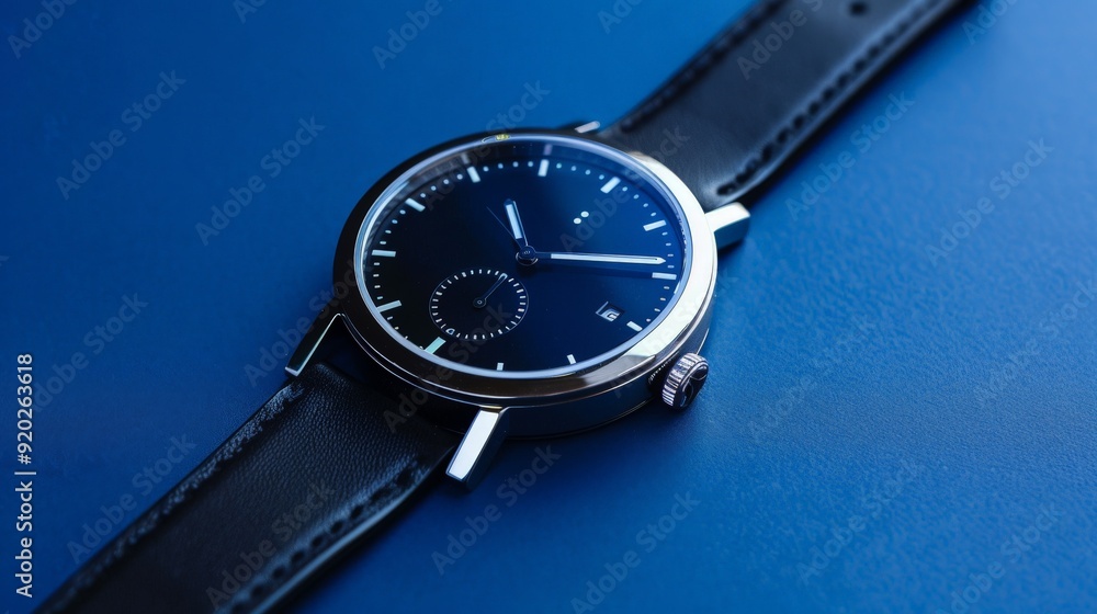 Black Dial Watch with Leather Strap on Blue Background Black Dial Watch with Leather Strap on Blue Background