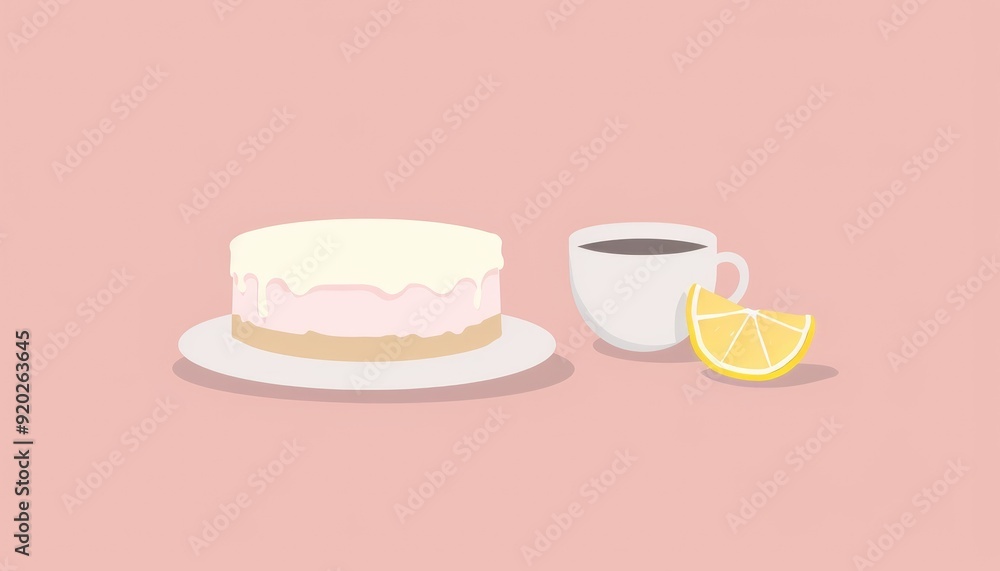 Pink and white cake with a cup of tea and lemon slice on a pink background. Pink and white cake with a cup of tea and lemon slice on a pink background.