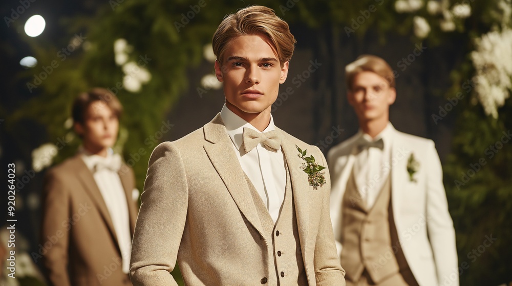 Rustic Groom Squad: Three groomsmen in beige suits and bowties pose against a lush backdrop, exuding modern elegance and camaraderie. Rustic Groom Squad: Three groomsmen in beige suits and bowties pose against a lush backdrop, exuding modern elegance and camaraderie.