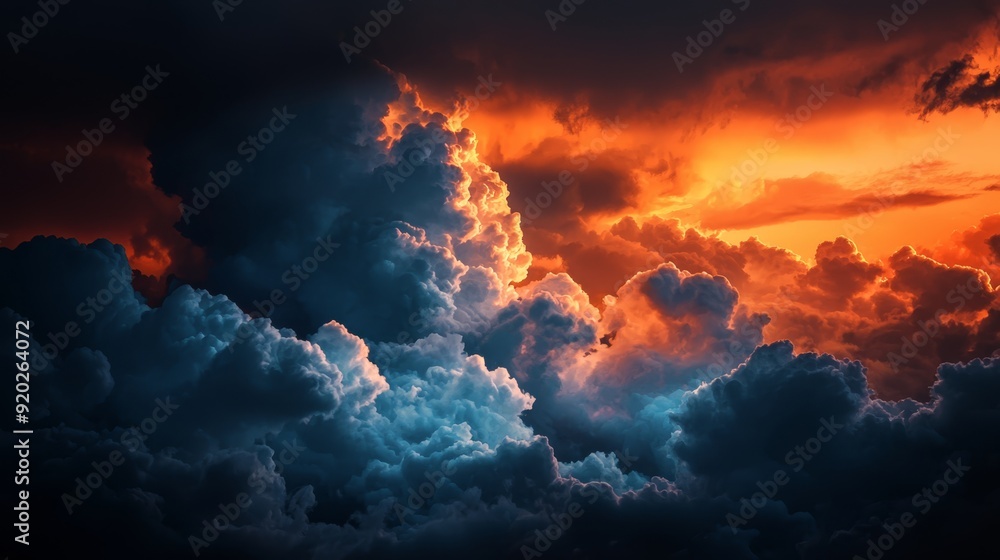 A sky teeming with numerous clouds beneath a vibrant orange-blue expanse, with a distant plane in flight A sky teeming with numerous clouds beneath a vibrant orange-blue expanse, with a distant plane in flight