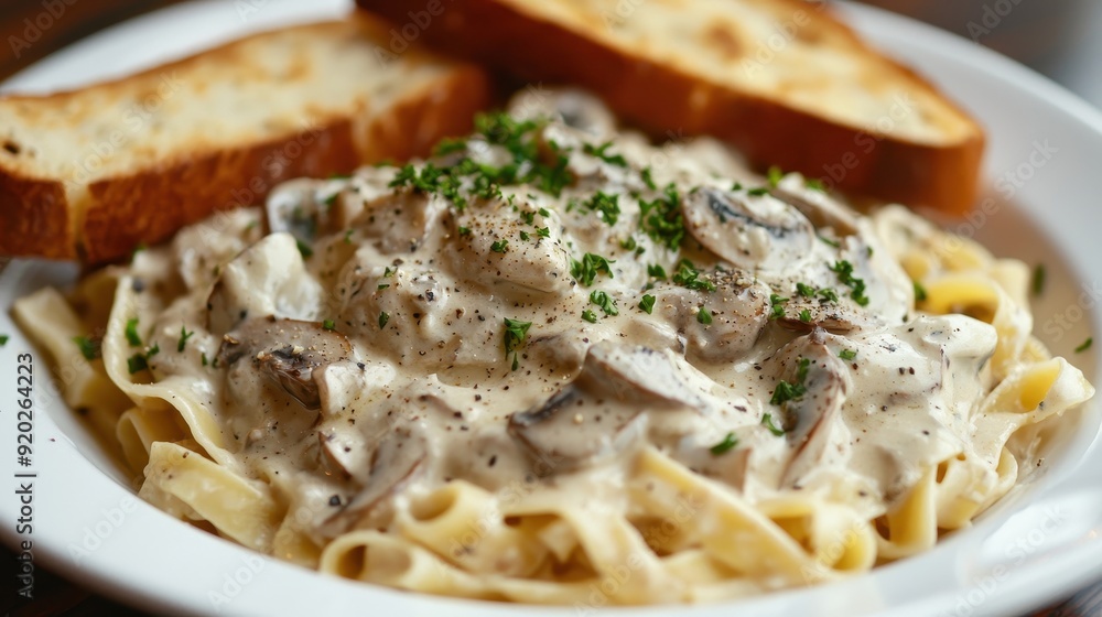Fototapeta premium Delicious fettuccine pasta in creamy mushroom sauce, garnished with parsley, served with toasted bread.