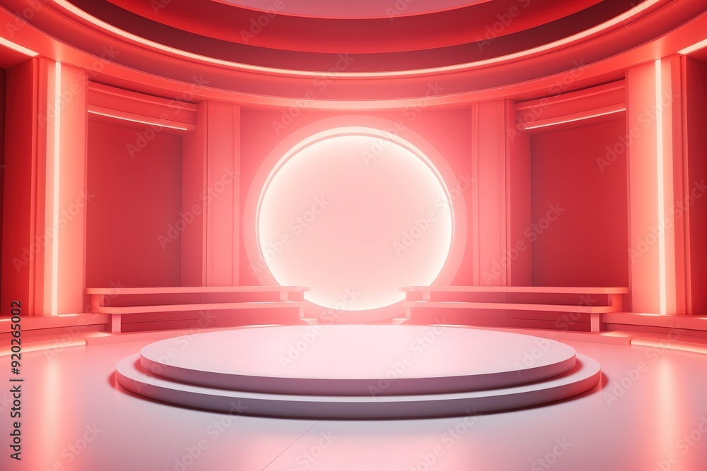 White podium with glowing red and white circle background. White podium with glowing red and white circle background.