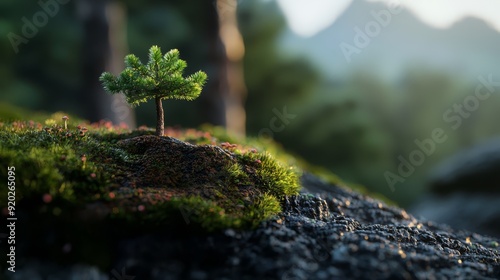  A small green tree sits atop a moss-covered rock, adorned with lichen and verdant leaves