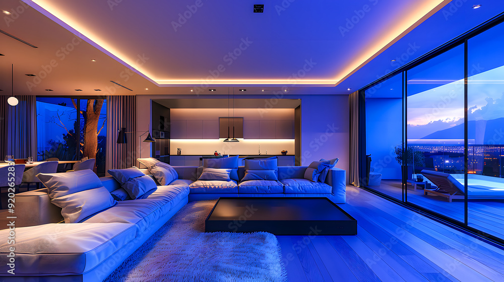 Home cinema, living room with colored LED lighting
Home cinema, living room with colored LED lighting