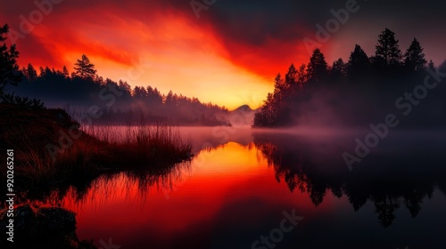  A scene of a body of water with trees lining its banks and a vibrant red and yellow sky overhead