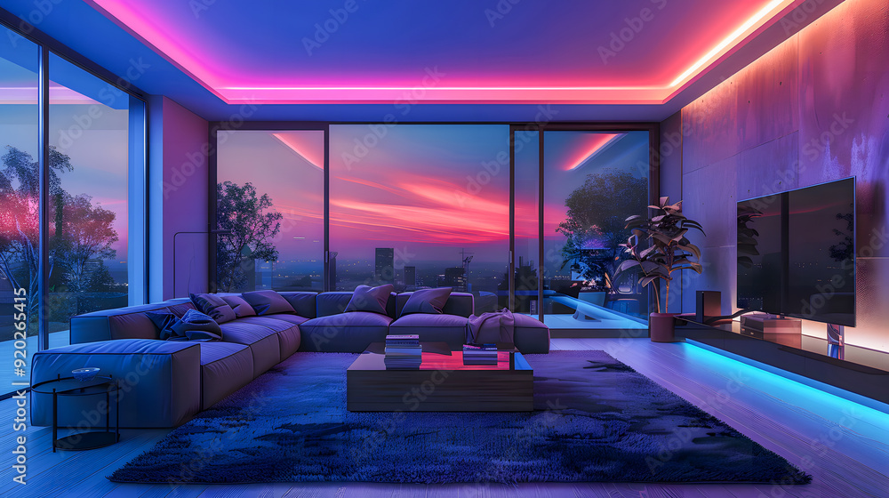 Home cinema, living room with colored LED lighting
Home cinema, living room with colored LED lighting