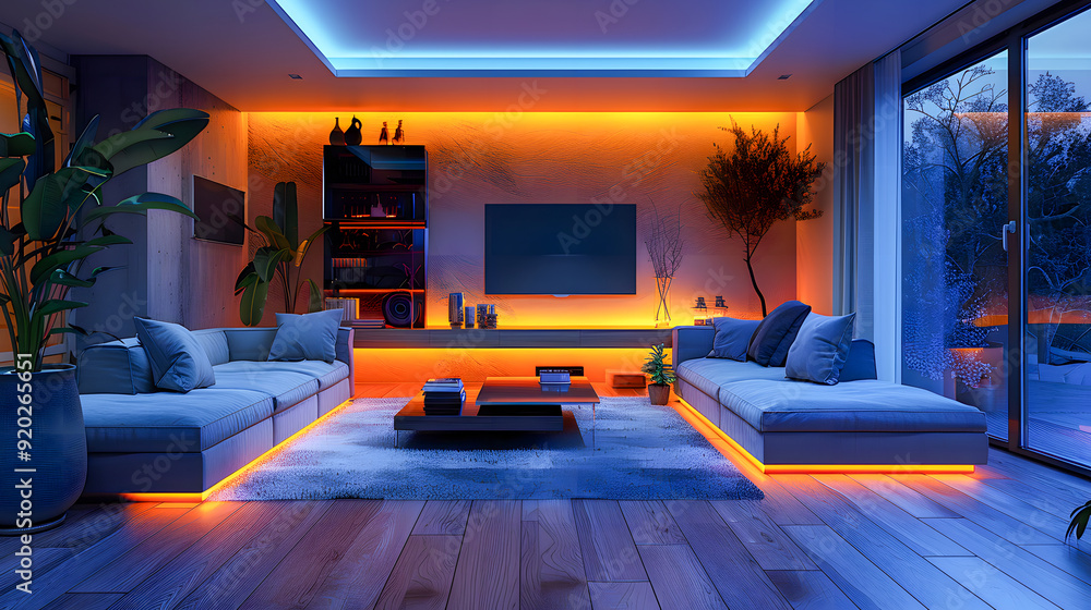 Home cinema, living room with colored LED lighting
Home cinema, living room with colored LED lighting