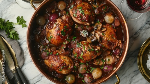 Deliciously roasted chicken thighs cooked with grapes and herbs, served in a rustic pot for a hearty meal.