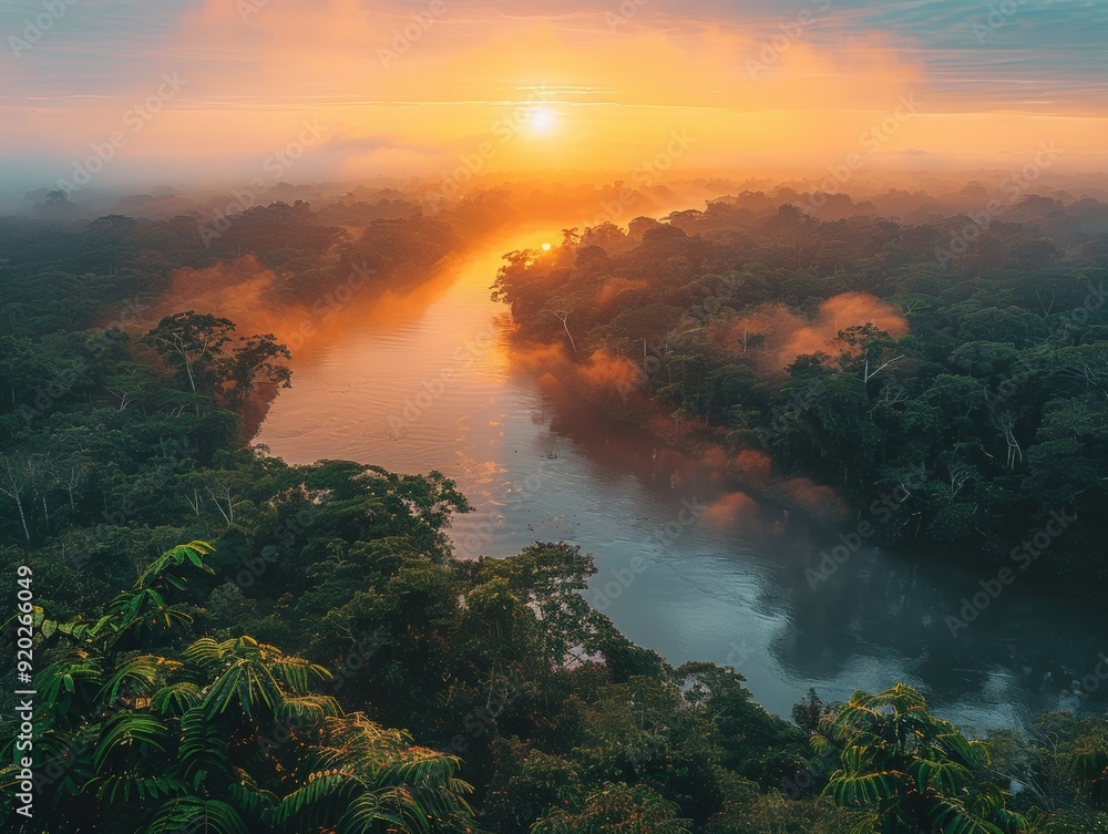 Fototapeta premium Breathtaking Aerial View of Lush Jungle Landscape with River at Sunset in Amazon Rainforest Brazil