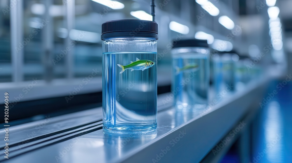 A clean laboratory setup showcasing small fish in glass jars, representing marine research and aquatic life study. A clean laboratory setup showcasing small fish in glass jars, representing marine research and aquatic life study.