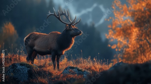  A large elk atop a grassy field, bordering a forest teeming with tall trees