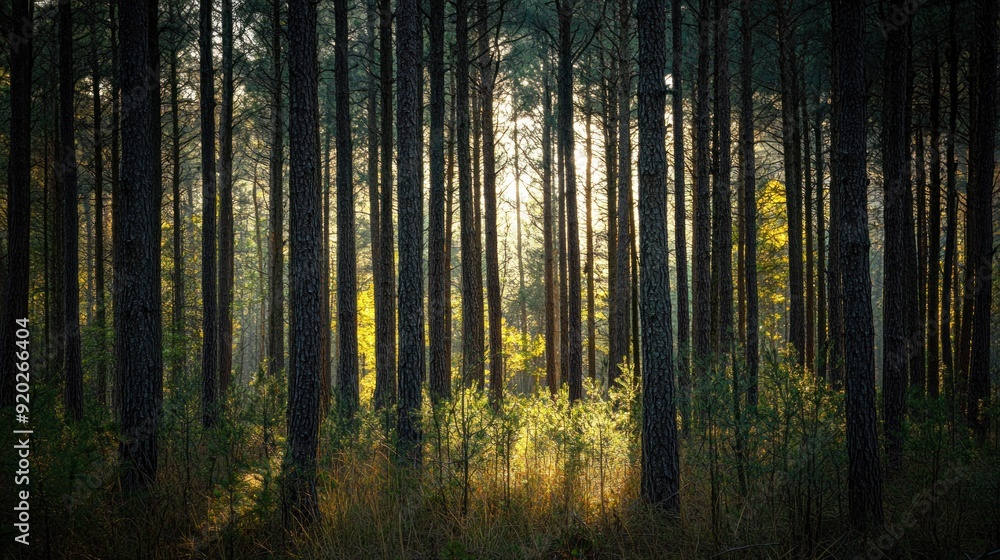 Sunlight Streaming Through Tall Pine Trees in a Forest Sunlight Streaming Through Tall Pine Trees in a Forest