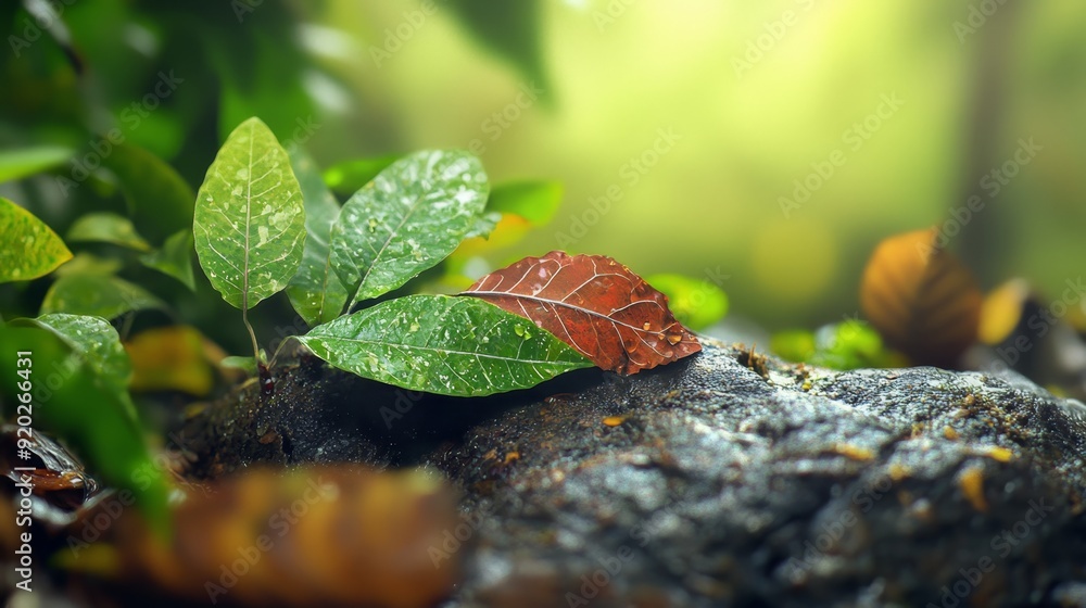 A red leaf atop a rock beside a green forest teeming with numerous leaves A red leaf atop a rock beside a green forest teeming with numerous leaves