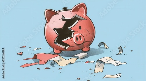 Illustration of a broken piggy bank, depleted savings, financial strain
