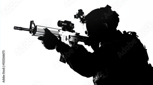 Silhouette of a soldier aiming a rifle, showcasing tactical readiness and military professionalism in action.