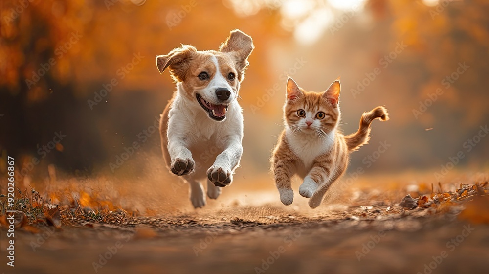 A heartwarming image of a dog and a cat running together in sync, symbolizing their close bond and friendship. A heartwarming image of a dog and a cat running together in sync, symbolizing their close bond and friendship.