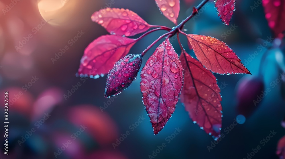 Red leaf on branch with water droplets - close-up Blurred background Red leaf on branch with water droplets - close-up Blurred background