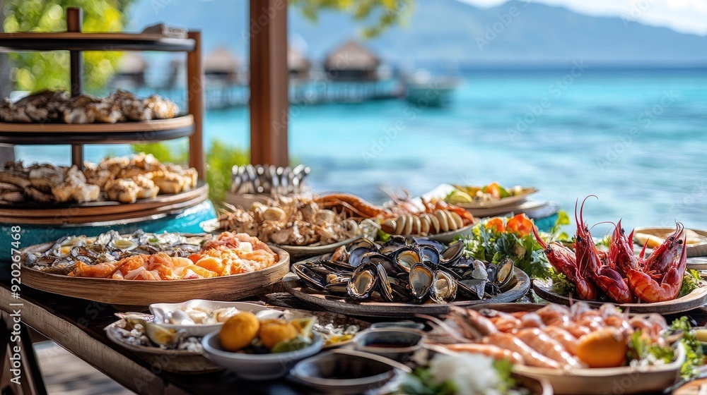 A lavish seafood platter featuring a variety of ocean delicacies, set against a serene waterfront backdrop. A lavish seafood platter featuring a variety of ocean delicacies, set against a serene waterfront backdrop.