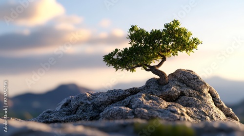  A small tree emerges from a rocky outcropping, situated atop a mountain range