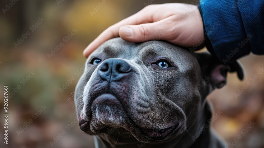 A loving moment captured as an owners hand gently pets the head of an American Bully XL dog, showcasing the strong bond between them. A loving moment captured as an owners hand gently pets the head of an American Bully XL dog, showcasing the strong bond between them.