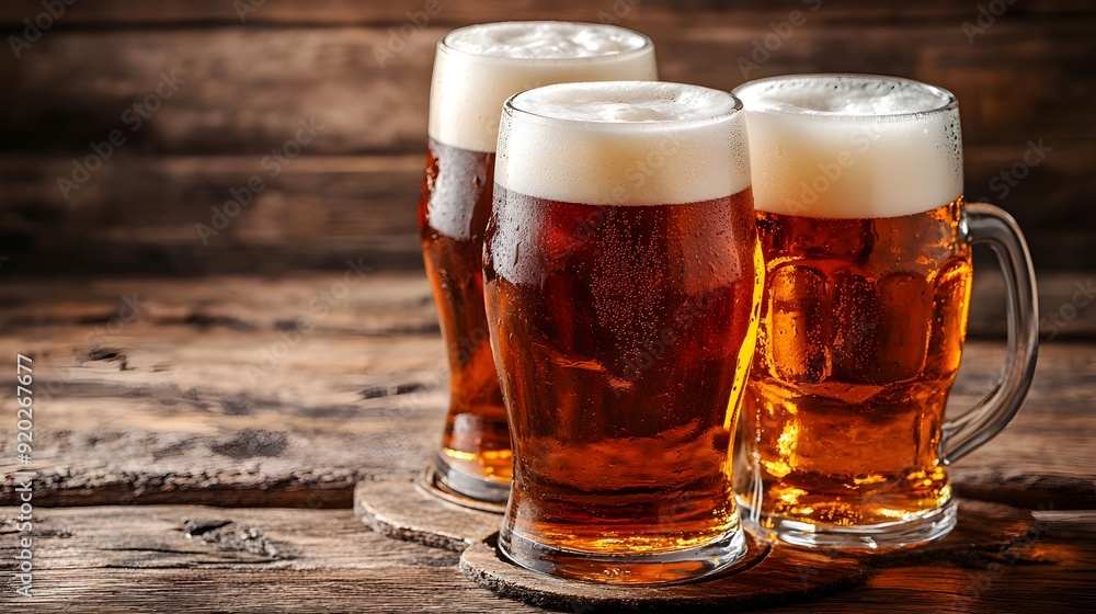 Frosty Mugs of Amber Lager Beer on Rustic Wooden Background Frosty Mugs of Amber Lager Beer on Rustic Wooden Background