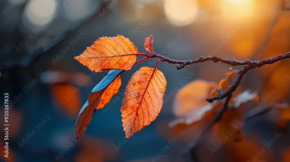 A tight shot of a sunlit leaf on a tree branch against blurred background trees A tight shot of a sunlit leaf on a tree branch against blurred background trees