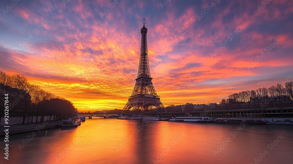Obraz premium A magical view of the Eiffel Tower at sunset, with the sky ablaze in warm hues of orange and pink over Paris.