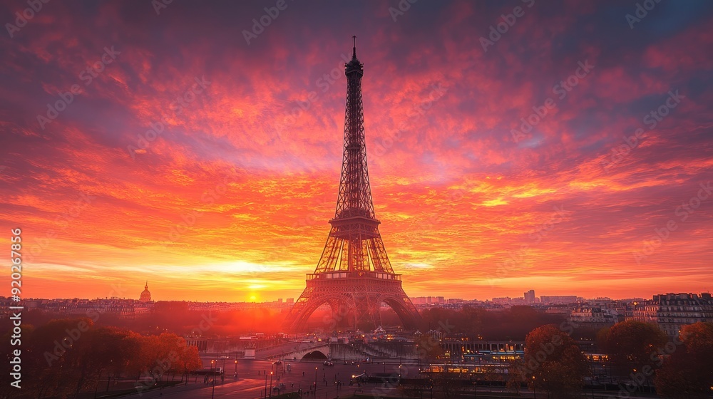 Naklejka premium A magical view of the Eiffel Tower at sunset, with the sky ablaze in warm hues of orange and pink over Paris.