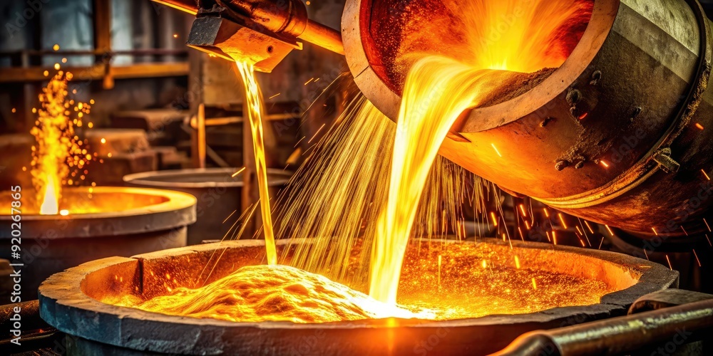 Molten metal flows from a ladle, creating a mesmerizing cascade of glowing orange hot liquid pouring into a foundry mold, sparks flying everywhere. Molten metal flows from a ladle, creating a mesmerizing cascade of glowing orange hot liquid pouring into a foundry mold, sparks flying everywhere.
